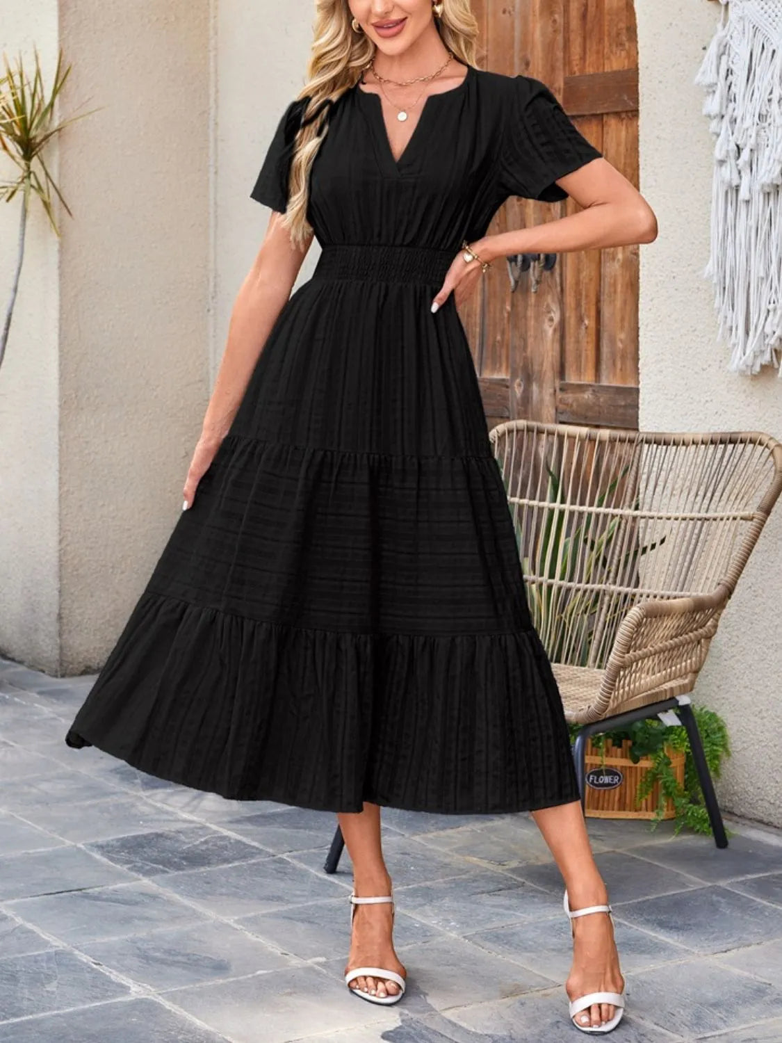 Tiered Notched Short Sleeve Dress - Jatanele